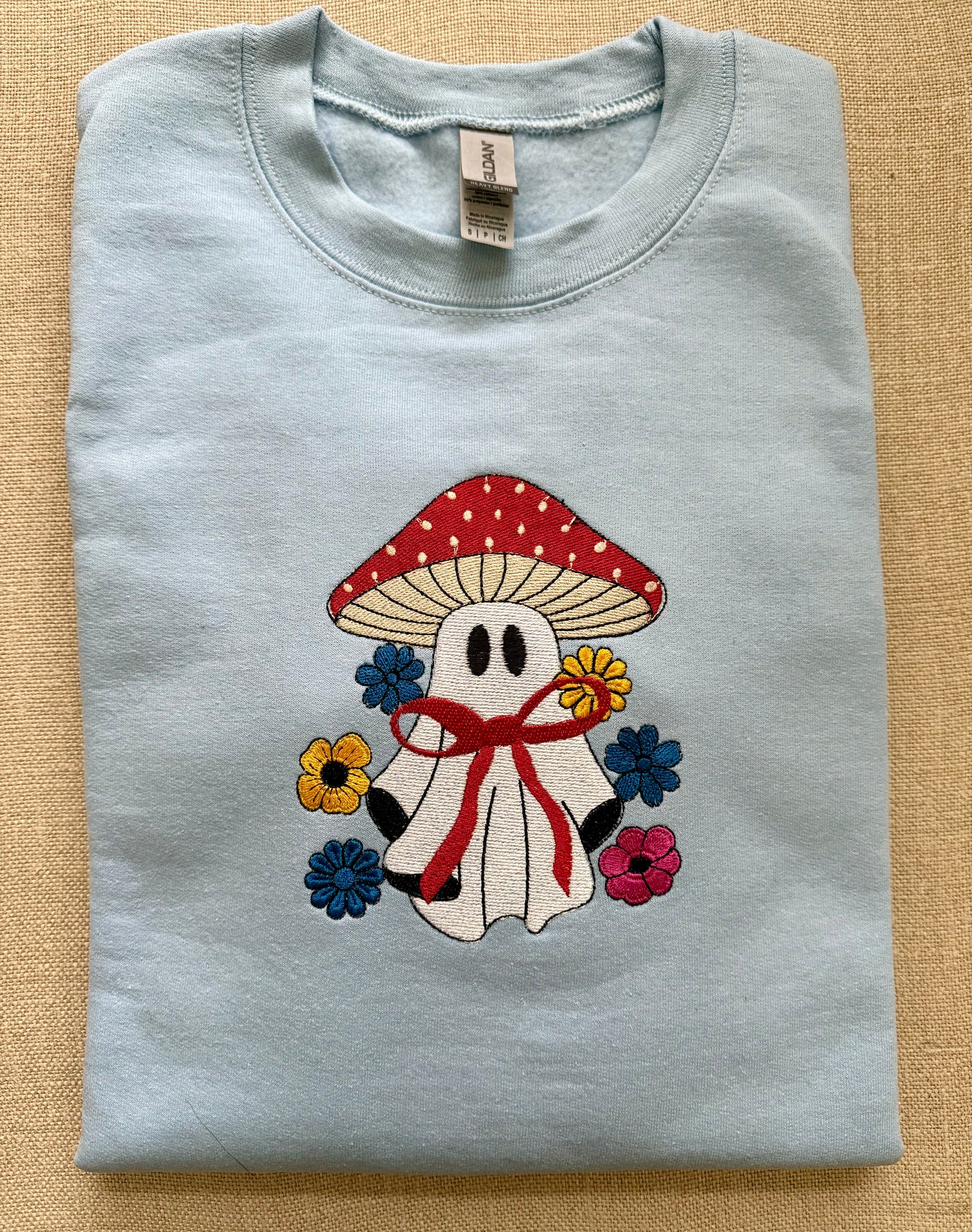 Bow Ghostie Mushroom with Flowers ~ Embroidered Crewneck