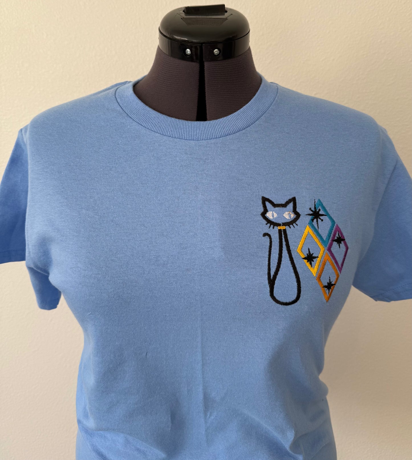 Retro Cat & Diamonds Embroidered ~ T~Shirt