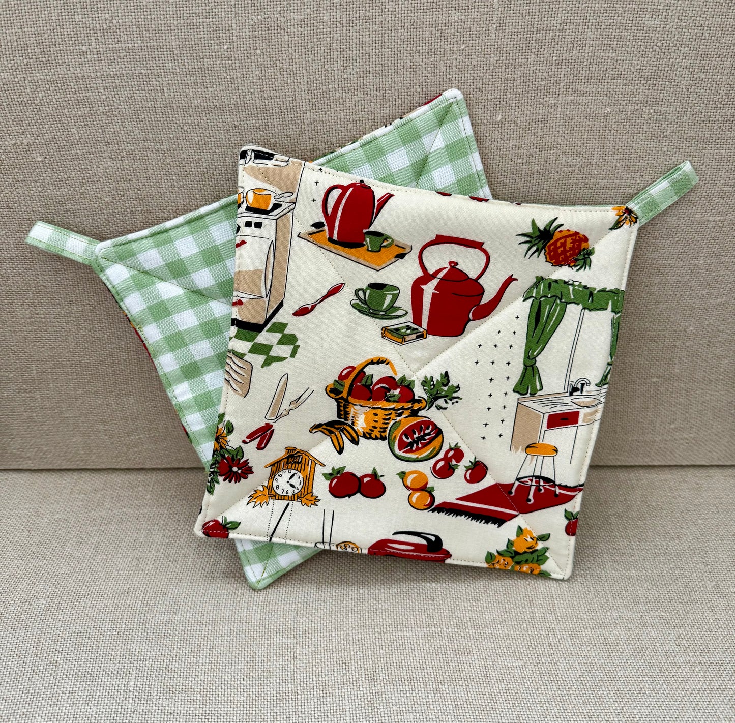 Playful Vintage Kitchen~ Quilted Handmade~ Pot Holder