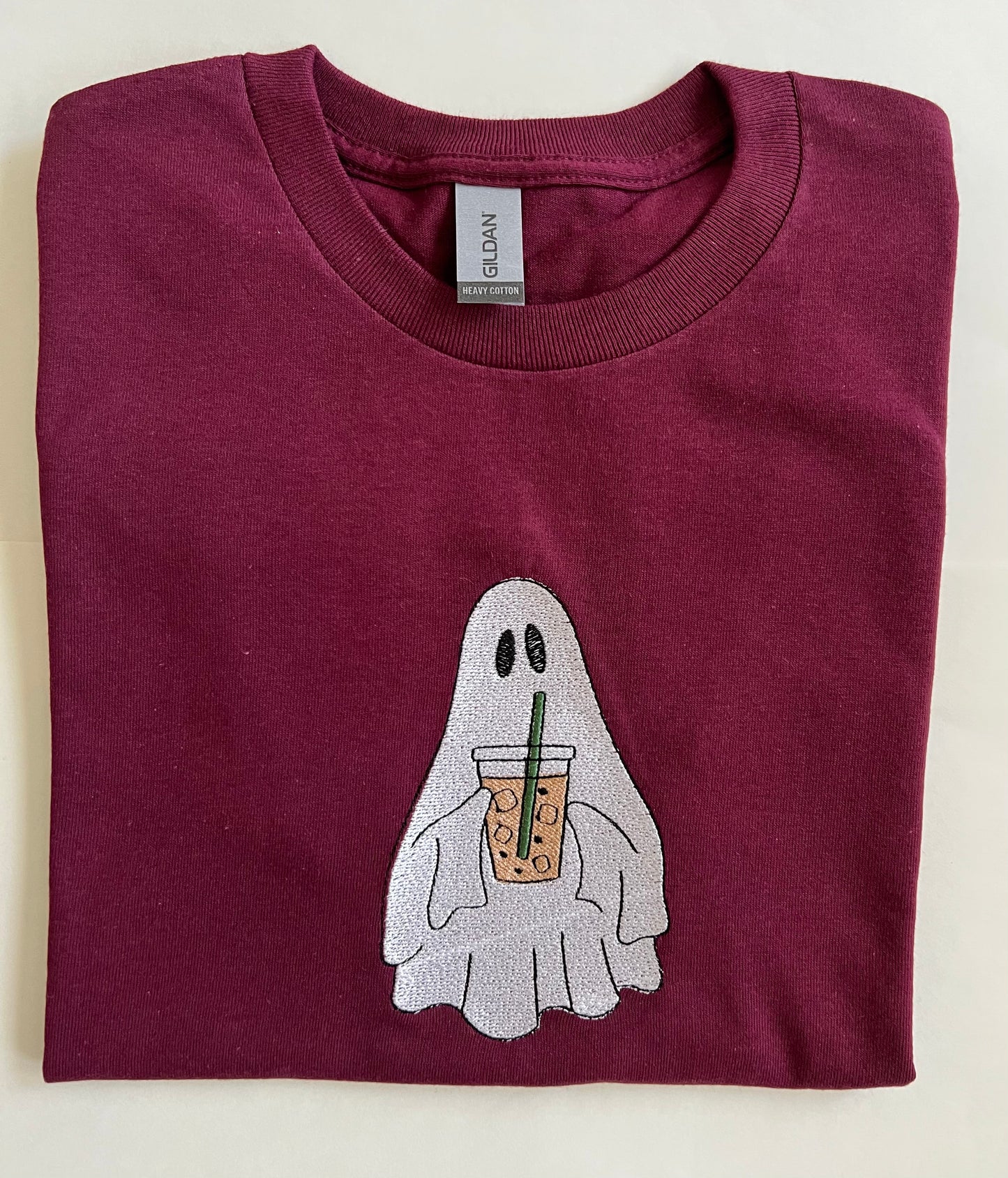 Ghost drinking Iced Chai Tea or Cold Coffee Embroidered T-Shirt
