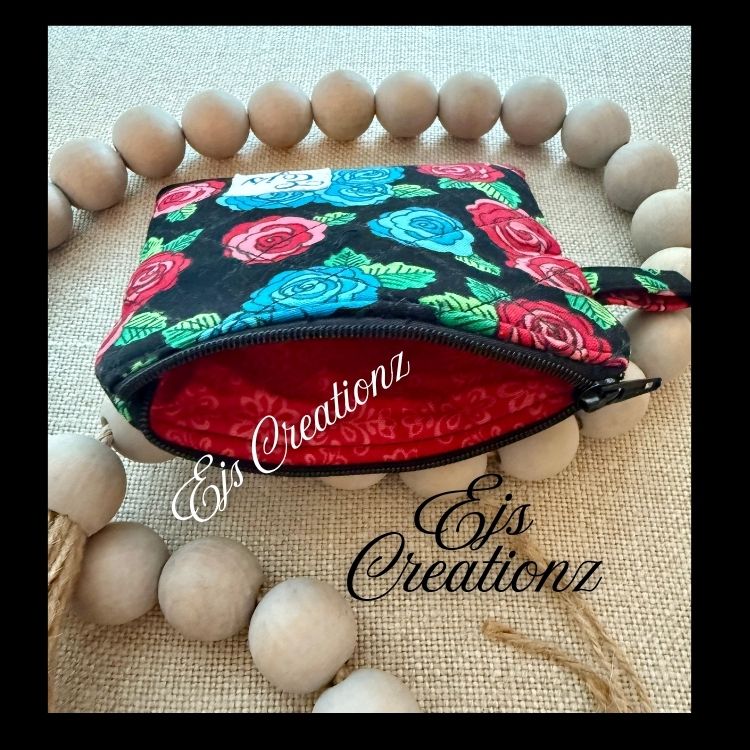 Quilted Blue & Red Roses Mini Wallet