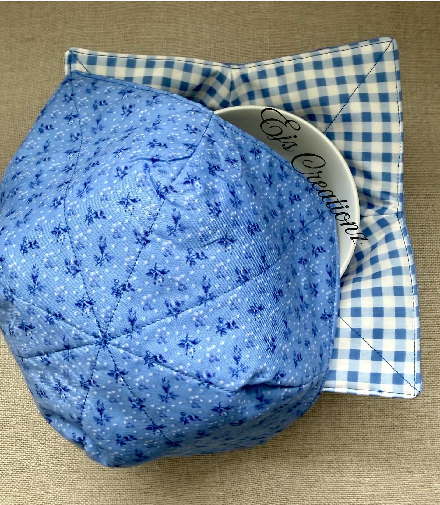 Ditsy Blue Flowers and Gingham ~ Microwavable/Reversible Bowl Cozy