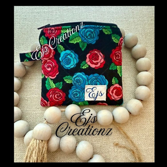 Quilted Blue & Red Roses Mini Wallet