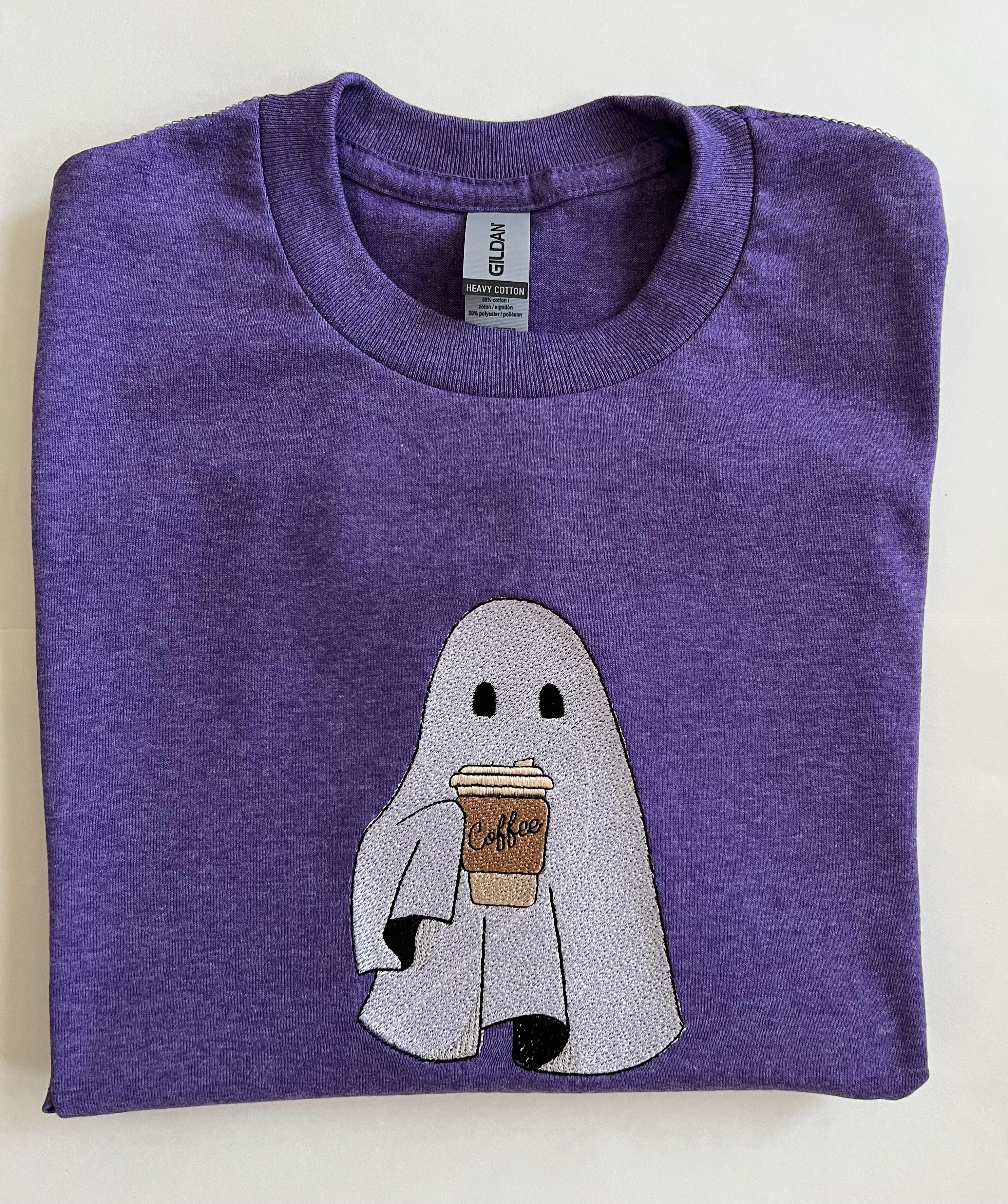 Ghost drinking Coffee  Embroidered T-Shirt