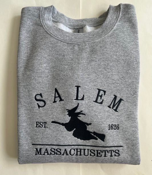 RTS~Salem Massachusetts Witch~Embroidered Crew Neck Sweat Shirt