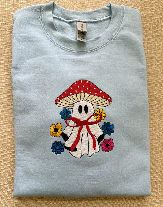 Bow Ghostie Mushroom with Flowers  ~ Embroidered Crew Neck Sweat Shirt