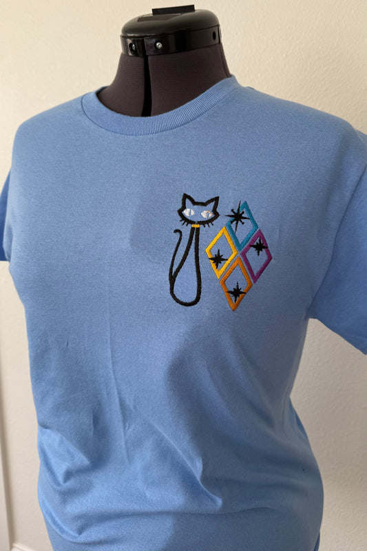 Vintage Retro Cat & Diamonds  Embroidered ~ T~Shirt