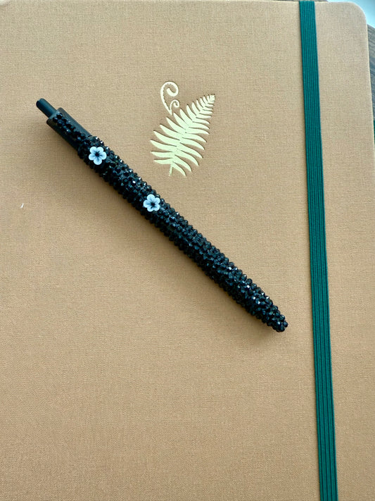 White Flora ~ Black Rhinestone Pens