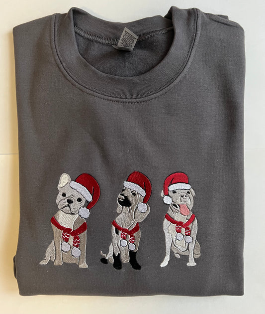 Christmas Holiday Dogs~ Embroidered Crew Neck Sweat Shirt