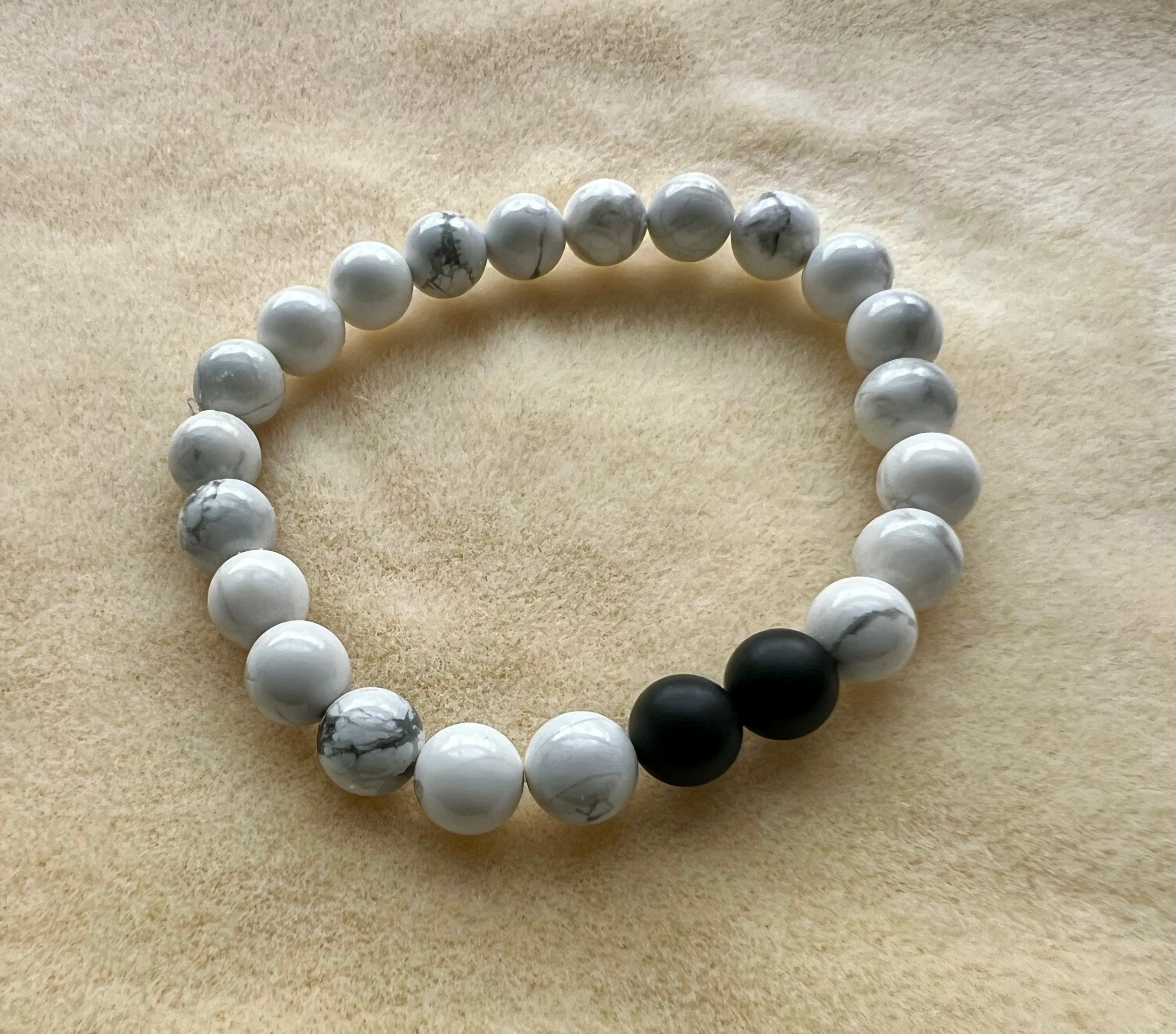 Confidence & Strength ~White Howlite and Black Onynx Natural Stone Bracelet