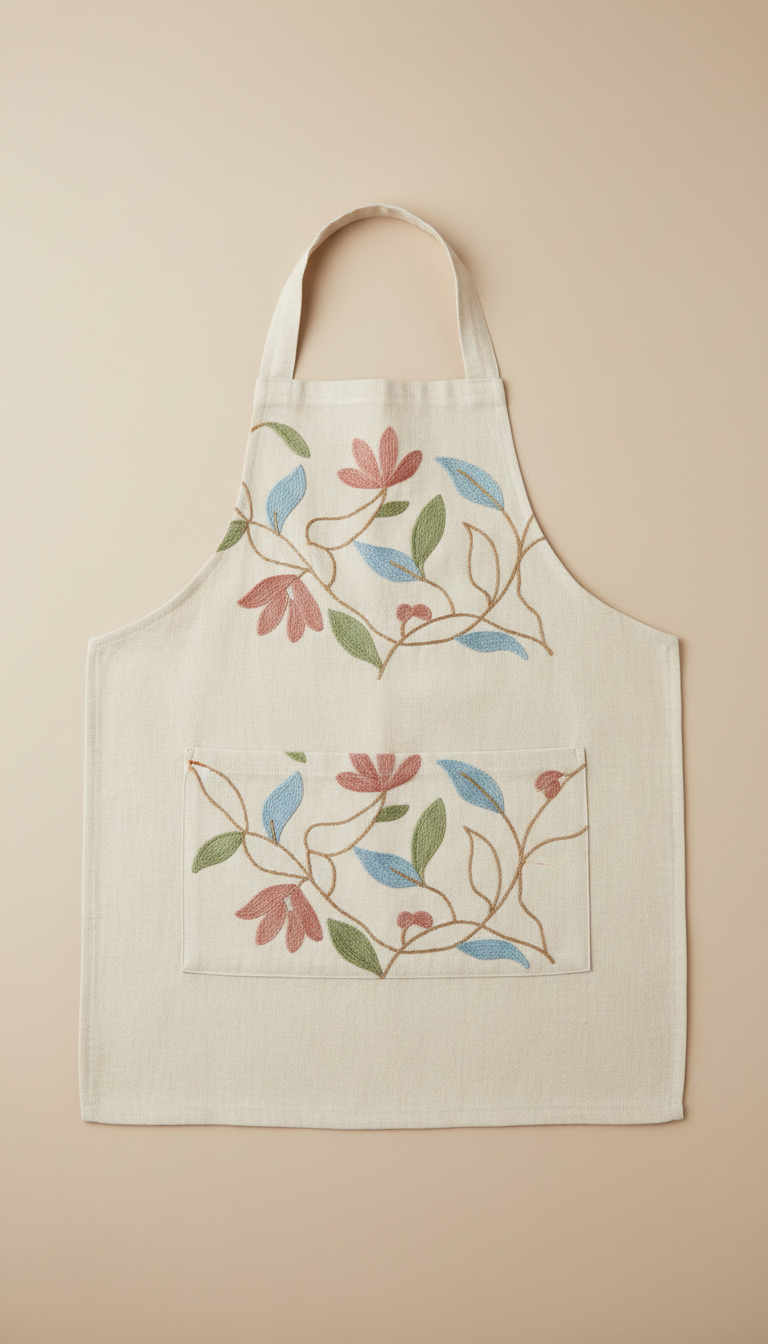 Embroidered Linen Apron with Floral Motif