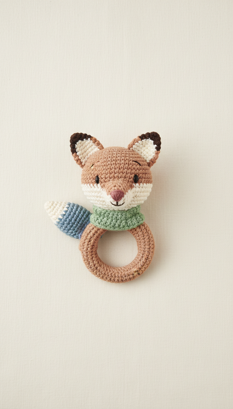 Crocheted Fox Rattle Toy with Wooden Ring